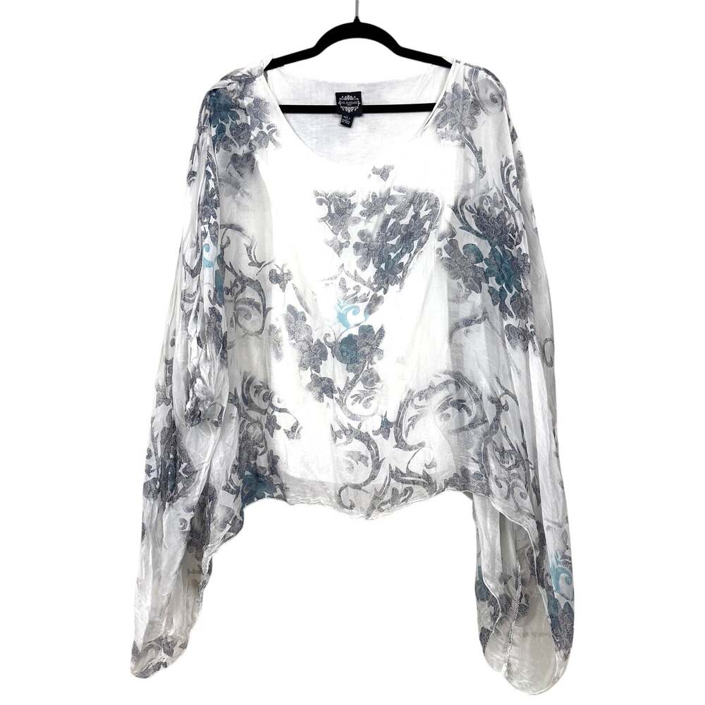 Le Marais Paris Womens S White Blue Silk Chiffon Floral Blouse Cottagecore